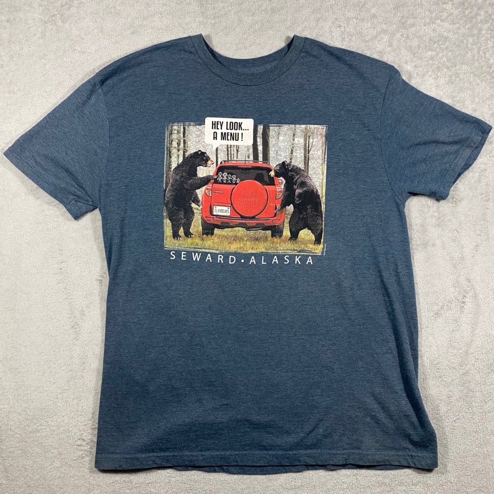 The Duck Company Graphic T-Shirt Mens XL Blue Seward Alaska Bear Funny Humor‎